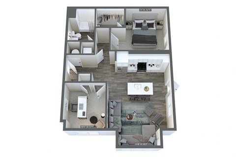 a 3d floor plan with a bedroom and living room